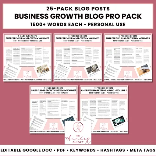 The Business Growth Blog Pro Pack includes 5 complete blog post packs, giving you 25 ready-to-use blog posts focused on business growth, mindset, sales strategy, and AI-powered marketing. Each post is written to feel clear, practical, and relevant, helping you connect with your audience while sharing insights that actually support their progress.
Personal use only. This content may not be resold, shared, or used for client work.
This is a digital product, nothing will be shipped to you.