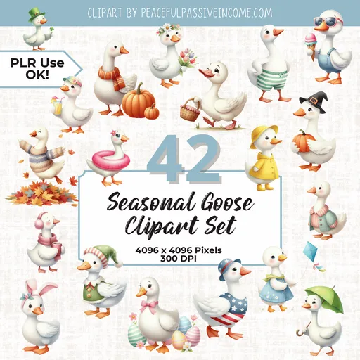 42 adorable seasonal goose clipart images featuring cute outfits and holiday themes perfect for planners, printables, cards, and creative projects all year round! MRR included - PLR use ok!