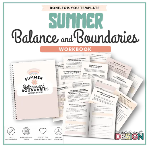Help your audience reset, realign, and protect their peace this season. This fully editable template is packed with thoughtful worksheets, reflection prompts, boundary-setting tools, and tracking pages, all designed to guide your customers toward a more balanced and intentional summer.