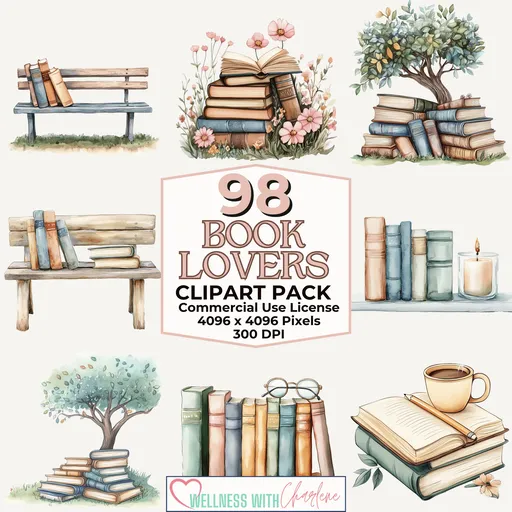 Delight book lovers with 98 stunning, 300 DPI clipart images featuring charming reading scenes, cozy setups, and elegant bookshelf displays. Includes Master Resell Rights — perfect for templates, digital products, and PLR selling!