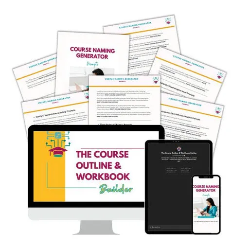 That course you've been meaning to create? This is the tool that finally gets it out of your head and into a structure people will pay for.
A custom GPT + Claude Skill that takes your scattered ideas and turns them into a clear, module-by-module outline — plus the companion workbook, course naming prompts, and the Video Script Machine GPT so you can record your lessons without dreading the script. Messy notes in. Ready-to-sell course out.