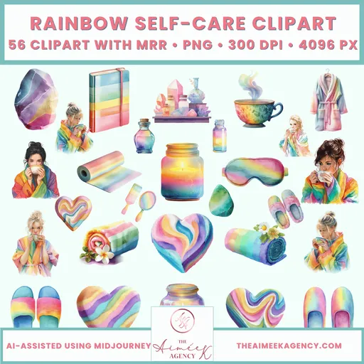 The Rainbow Self-Care Clipart Pack includes 56 transparent PNG images in a soothing watercolor pastel style. Features cozy self-care elements like journals, tea, robes, soaps, and yoga mats. Comes with MRR so you can use it in PLR products you sell. You may not resell it as clipart. This is a digital product, nothing will be shipped to you.